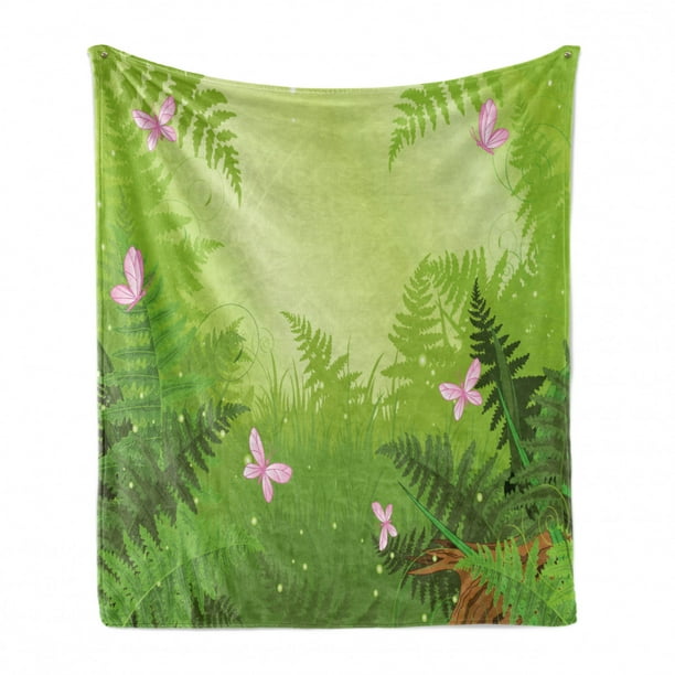 Landscape with Pink Butterflies and Fern Botany Branches Cartoon Woodland Cozy Plush for Indoor and Outdoor Use 50 x 70 Green Pink and Brown Ambesonne Forest Soft Flannel Fleece Throw Blanket 